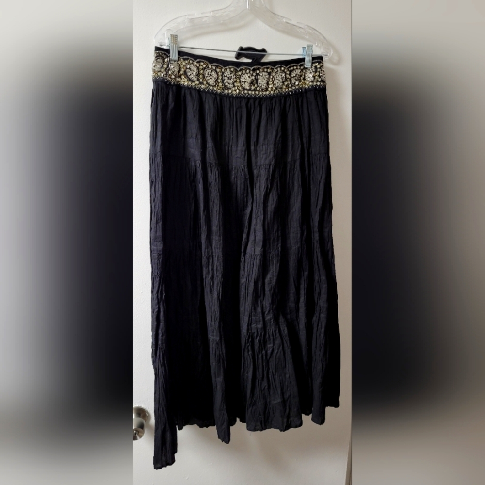 Bcbg black peasant maxi skirt w/ sequin & bead details